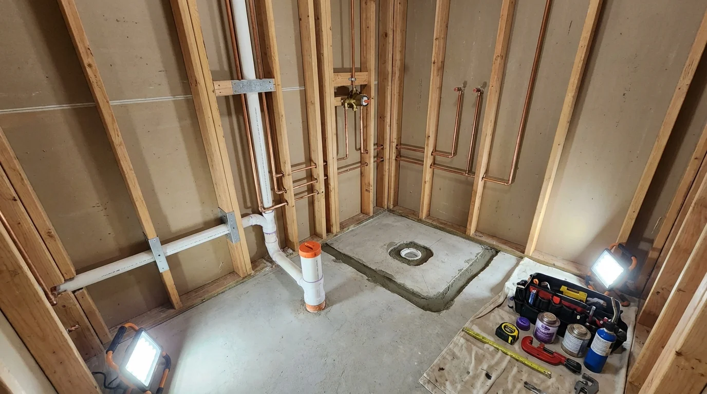 Bathroom rough-in plumbing during remodel by Johns Plumbing LLC in Ocean Grove