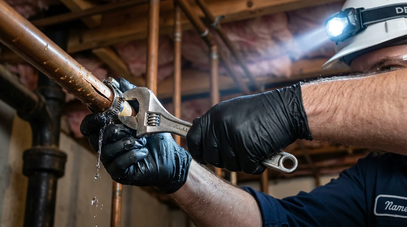 Emergency pipe clamp repair being performed by a Johns Plumbing LLC plumber in Ocean Grove