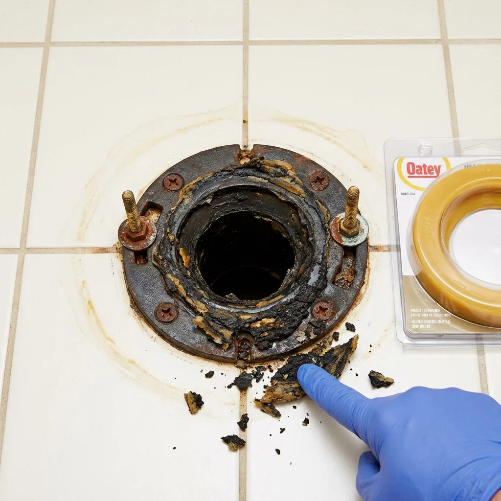 Failed wax ring showing water seepage at the base of a toilet in a Ocean Grove, NJ home