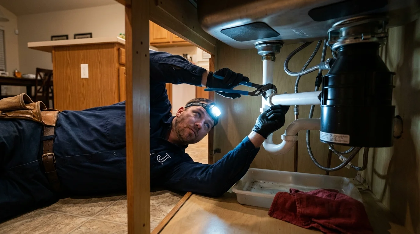 P-trap and supply line connections under a kitchen sink showing a common leak point in Ocean Grove, NJ